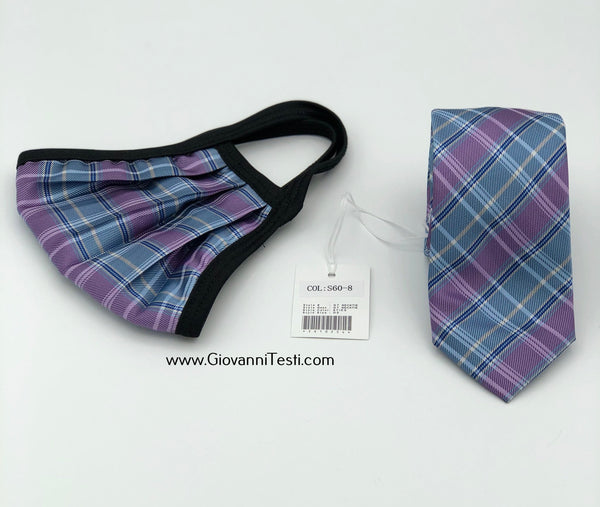 Face Mask & Tie Set S60-8, Purple / Blue Plaid