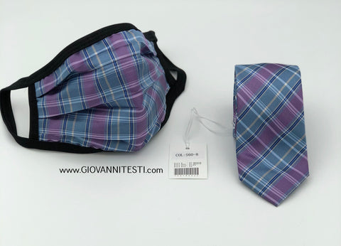 Face Mask & Tie Set S60-8, Purple / Blue Plaid