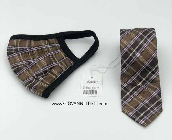 Face Mask & Tie Set S60-3, Beige / Brown Plaid