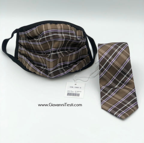 Face Mask & Tie Set S60-3, Beige / Brown Plaid
