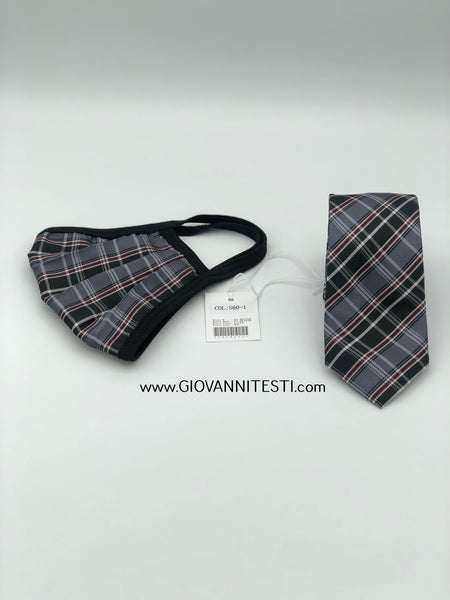 Face Mask & Tie Set S60-1, Black / Grey Plaid