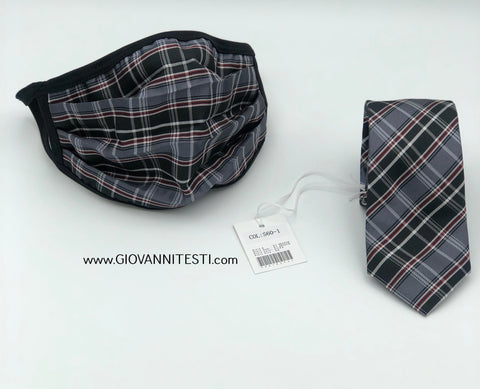 Face Mask & Tie Set S60-1, Black / Grey Plaid