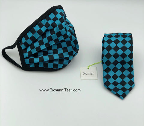 Face Mask & Tie Set S110-3, Turquoise Checkered
