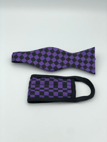 Self Bow Tie & Face Mask Set, Purple Checkered