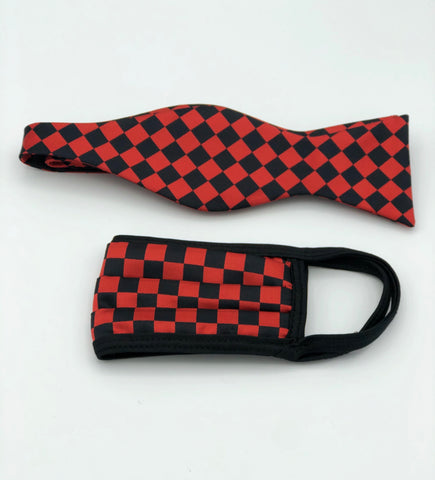 Self Bow Tie & Face Mask Set, Red Checkered