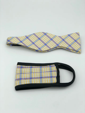 Self Bow Tie & Face Mask Set, Yellow Plaid BT12-2